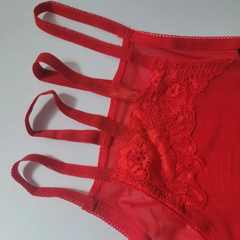 Yandy Red Applique Mesh Panty With Strappy Sides and Cheeky Cut Back Size M NWT-